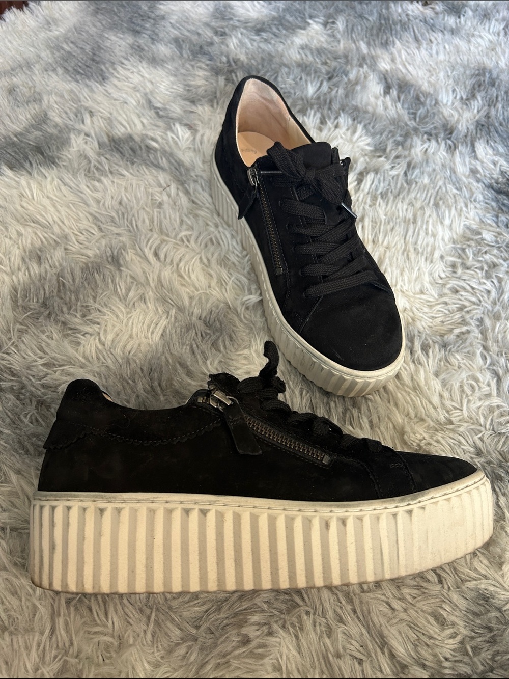Gabor Luxe Black Suede Platform Sneakers with Side Zippers